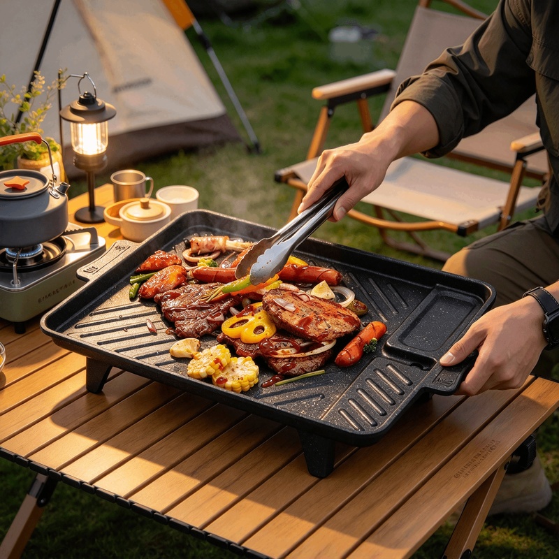 Camping Hiking Cooking - แผ่นย่างสไตล์เกาหลีแบบพกพา เคลือบสารกันติดไทเทเนียม เหมาะสำหรับใช้ทำบาร์บีคิว ทั้งในกิจกรรมแคมป์ปิ้งกลางแจ้งและใช้ทำอาหารในบ้าน