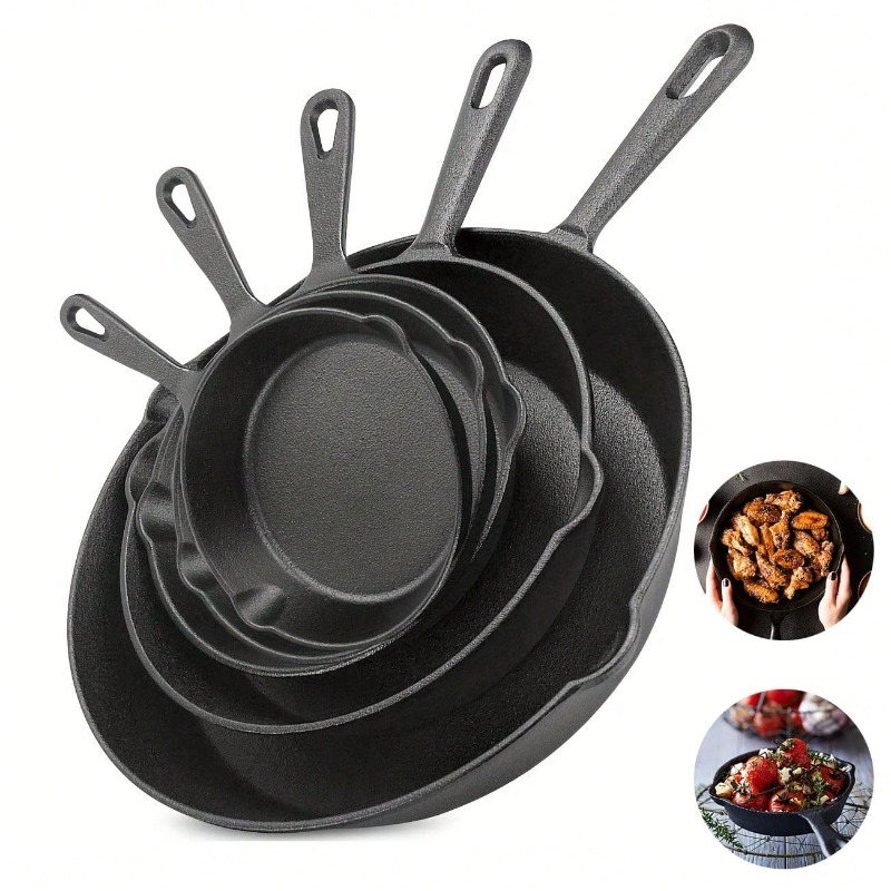 Quality Camping Cooking Set - กระทะเหล็กหล่อสีดำ ขนาด 3/4/5 ชิ้น พร้อมหูจับสำหรับเทน้ำมัน กระทะสำหรับใช้ในเตาอบ